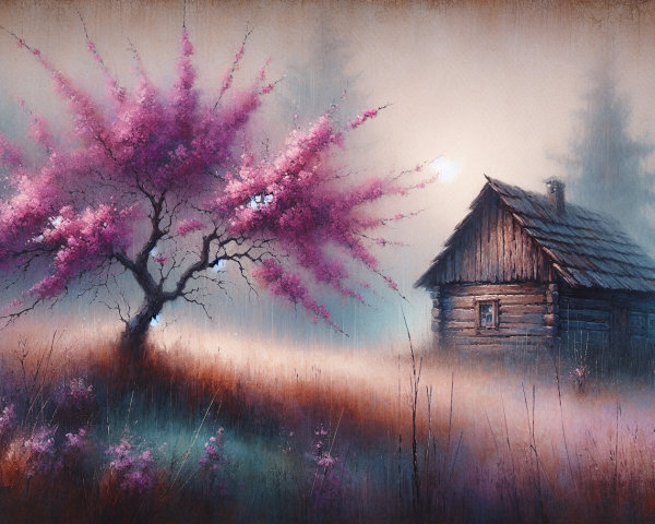 Serene Landscape with Cabin and Pink Blossom Tree