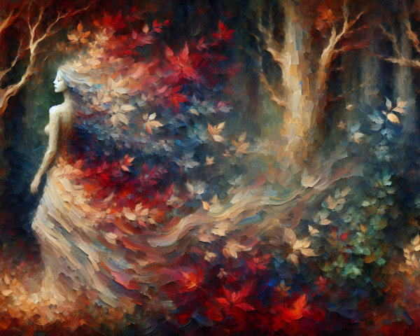 Abstract Landscape with Ethereal Figure and Autumn Leaves