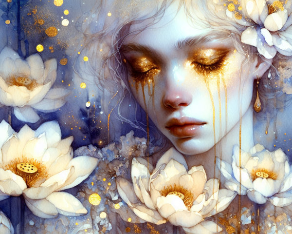 Serene figure with lotus flowers and golden tears