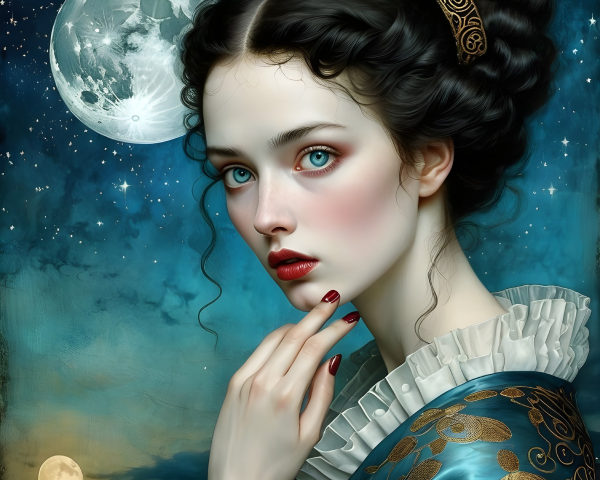 Portrait of a Woman with Blue Eyes and Celestial Background