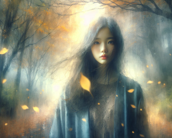 Serene Figure in Misty Forest with Autumn Leaves