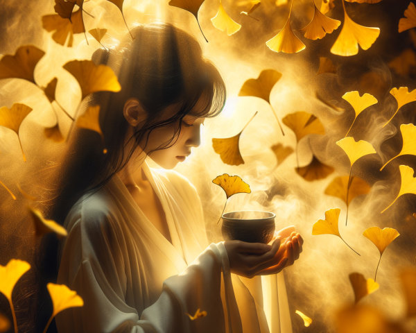 Serene Woman with Cup Surrounded by Ginkgo Leaves
