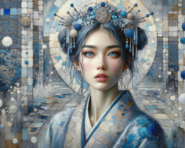 Serene Woman in Traditional Blue and White Attire