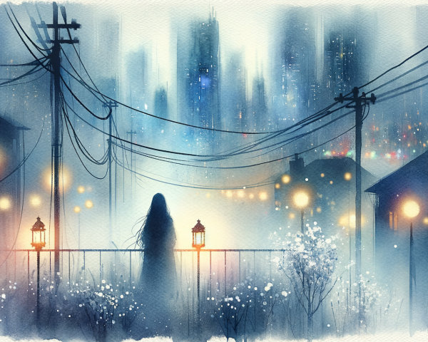 Mystical Foggy Scene with Silhouette on Bridge