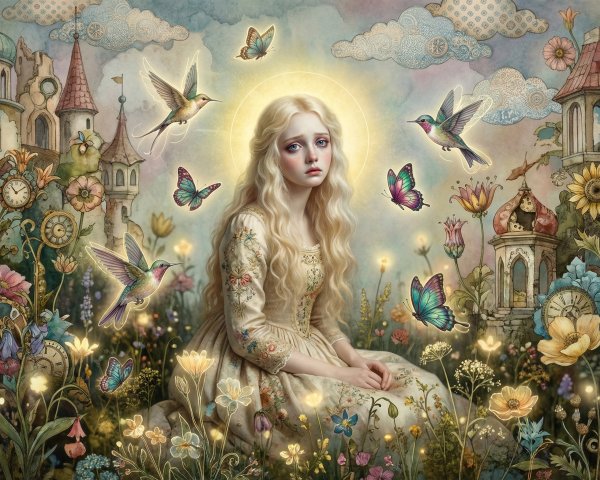 Delicate Blonde Girl in Ethereal Garden Setting