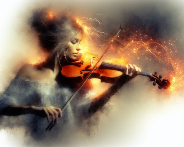 Ethereal Woman Playing Violin Surrounded by Flames