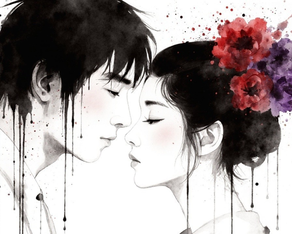Intimate Moment Between Two Figures in Watercolor Art