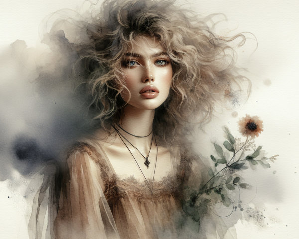 Portrait of a Young Woman with Curly Hair and Flower