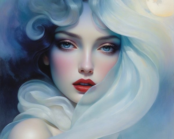 Ethereal Portrait of a Woman with Blue Eyes and Moon