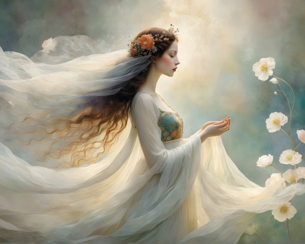 Serene Woman in Ethereal Fabrics with Blossoms