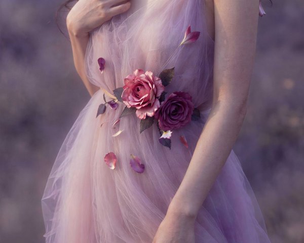 Close-Up of Young Woman in Lavender Tulle Dress