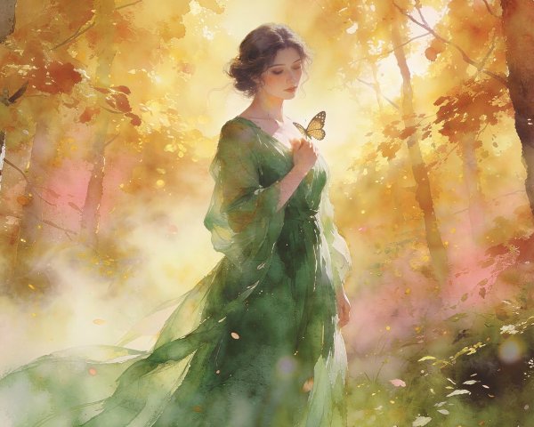 Watercolor Painting of Woman in Forest Setting