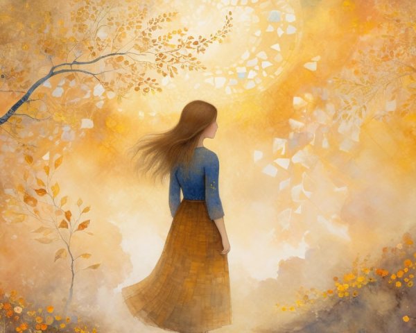 Young girl in a golden-hued serene landscape