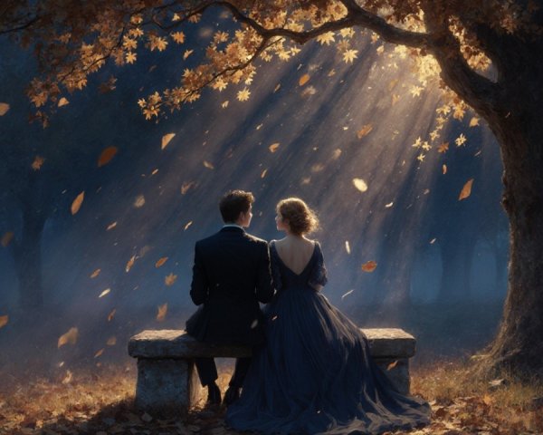 Couple in Elegant Attire Beneath Autumn Tree