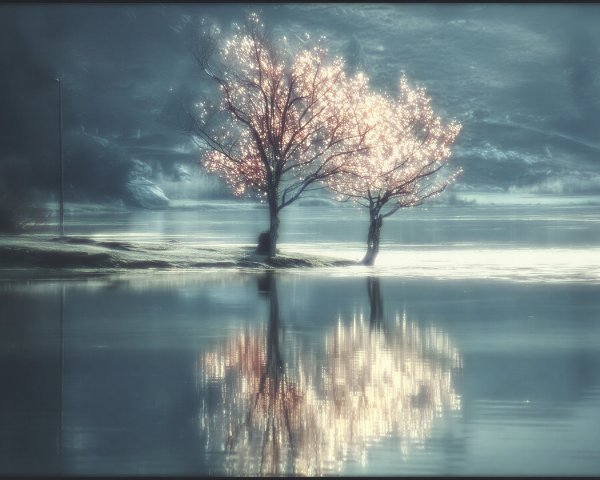 Serene Landscape with Blossoming Trees and Reflections