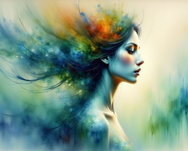 Serene Woman Profile with Colorful Hair and Background