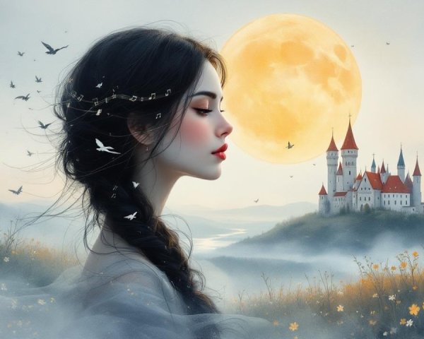 Serene landscape with woman, castle, and moonlit sky