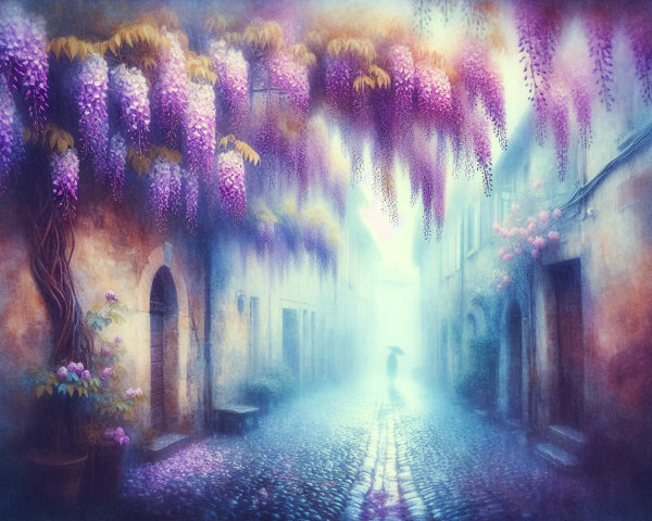 Misty Cobblestone Street with Wisteria Blossoms