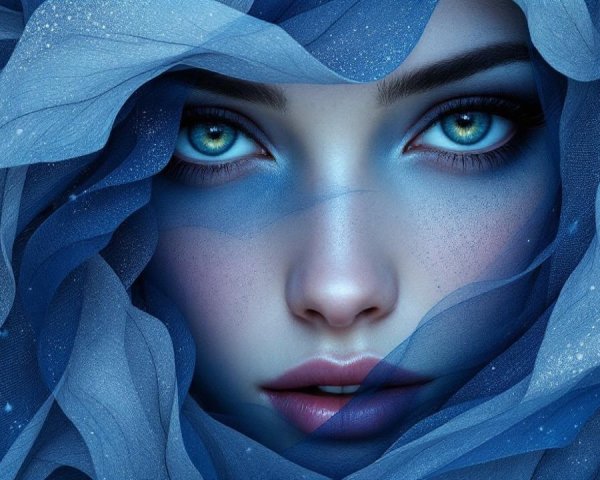 Close-up of a woman in flowing blue fabric and soft light