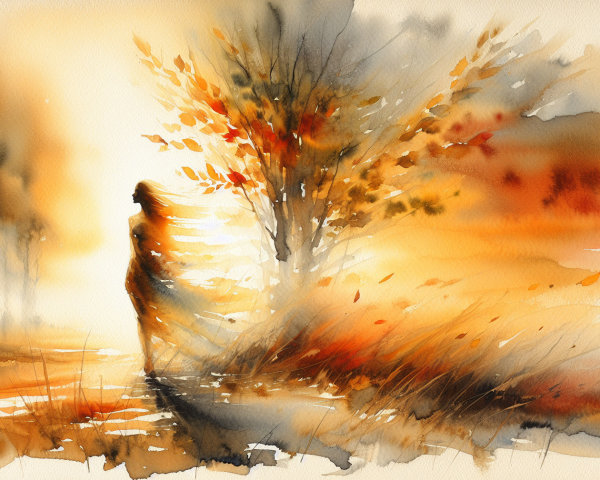 Watercolor Silhouette of Woman in Autumn Foliage