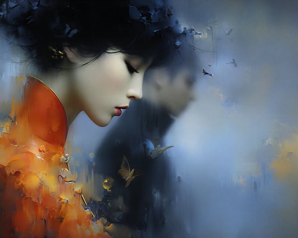Portrait of a woman in orange with ethereal background