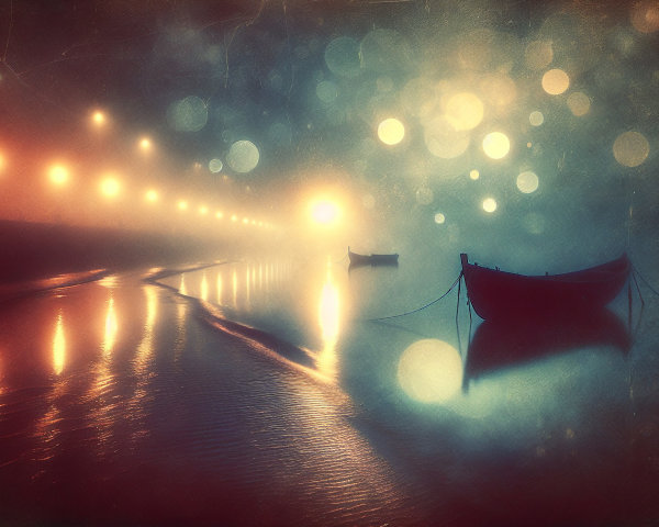 Misty Shoreline with Boats and Glowing Streetlights
