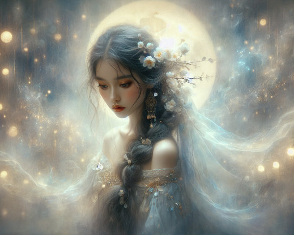Serene figure in dreamy moonlit backdrop with flowers