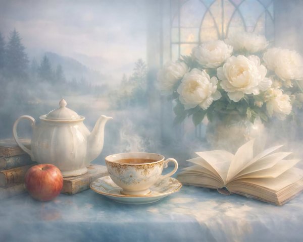 Ethereal Still Life with Teapot, Apple, and Flowers