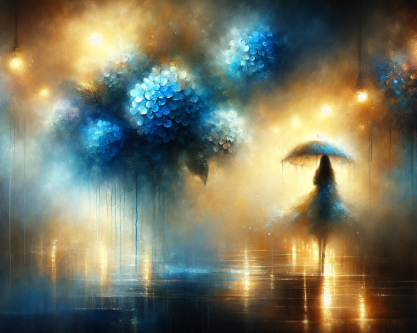 Dreamlike Scene with Umbrella and Blue Hydrangeas