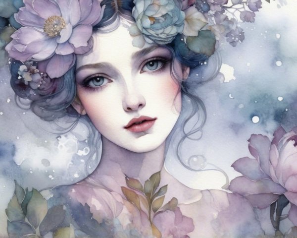 Watercolor Portrait of Woman with Floral Crown