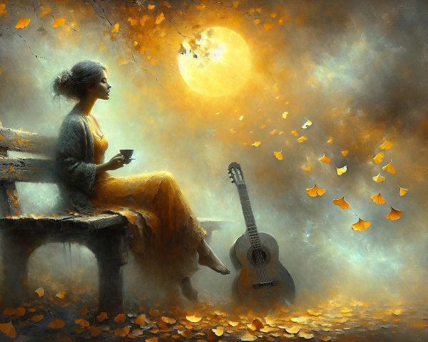 Serene Woman on Bench Under Moonlit Autumn Scene