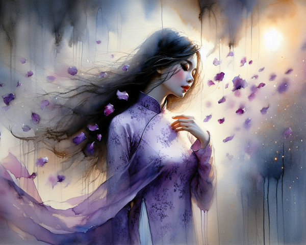 Serene Woman in Purple Dress Surrounded by Petals