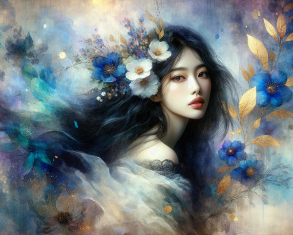 Woman with Black Hair and Floral Background