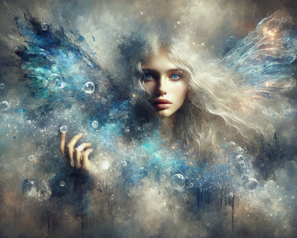 Mystical Figure with Ethereal Hair and Wings