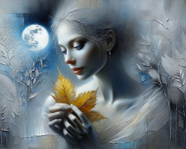 Serene Portrait of a Woman with Autumn Leaf and Moonlight