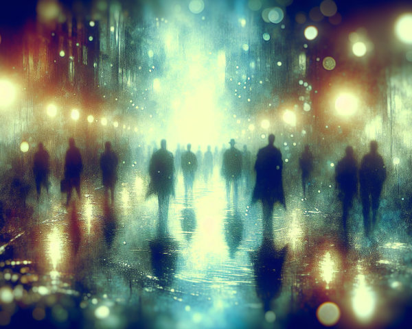 Mysterious Scene of Silhouetted Figures on Rainy Street