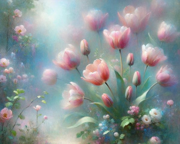 Pastel Tulips in a Dreamy Garden Scene