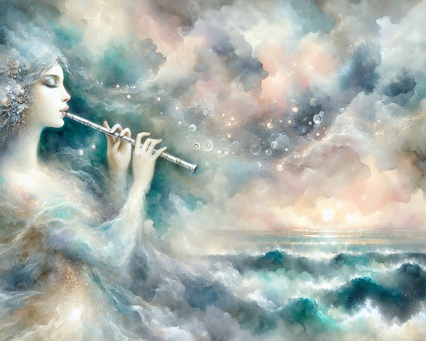Ethereal Figure Playing Flute in Dreamy Seascape