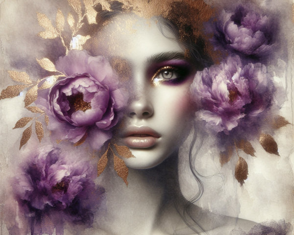 Close-up of a woman's face with purple peonies