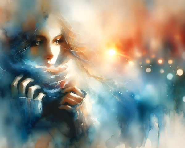Watercolor Portrait of a Contemplative Woman in Scarf