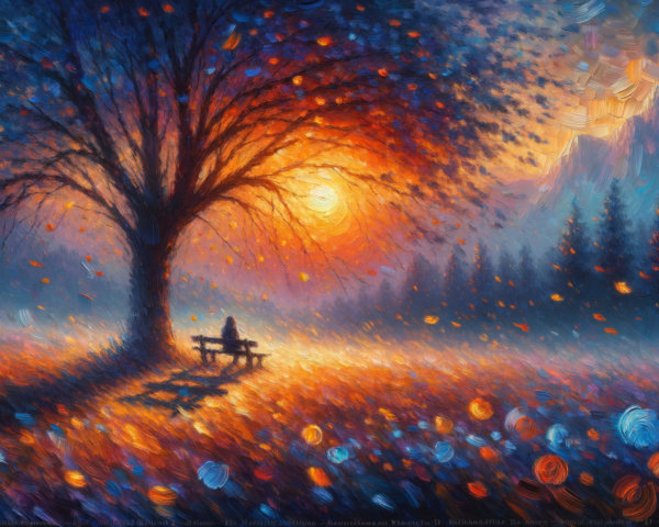 Serene landscape with a colorful tree at sunset