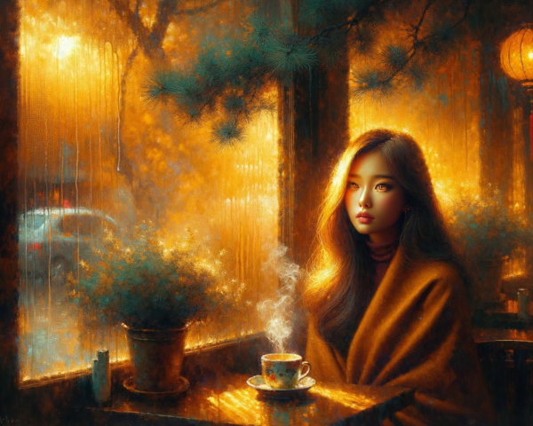 Cozy Indoor Scene with Woman by Window in Rain