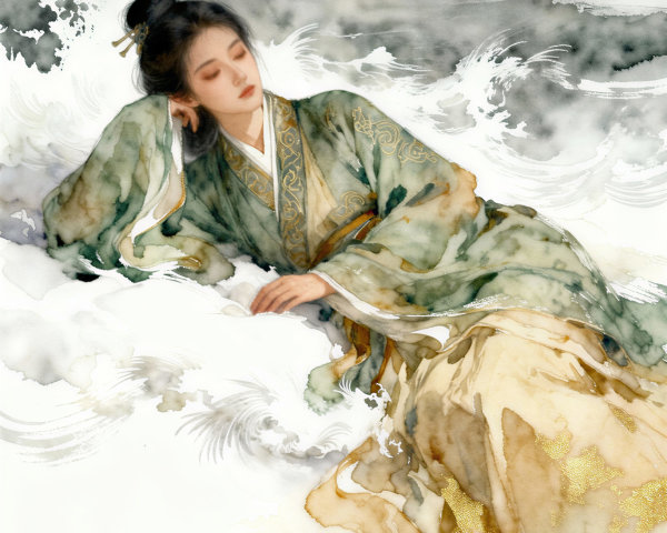 Serene figure in a flowing watercolor landscape