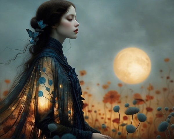 Serene Figure in Dreamlike Landscape with Moon and Flowers