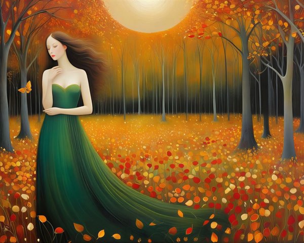 Woman in Green Dress in Autumn Forest Setting