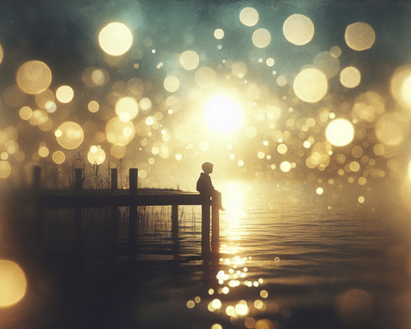 Solitary Figure on Dock at Sunset Over Water