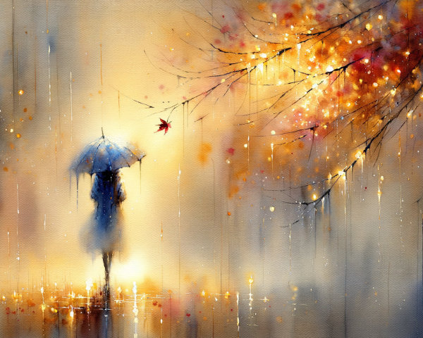Impressionistic Scene of Figure with Umbrella in Autumn