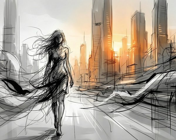 Black and white sketch of a woman with city skyline