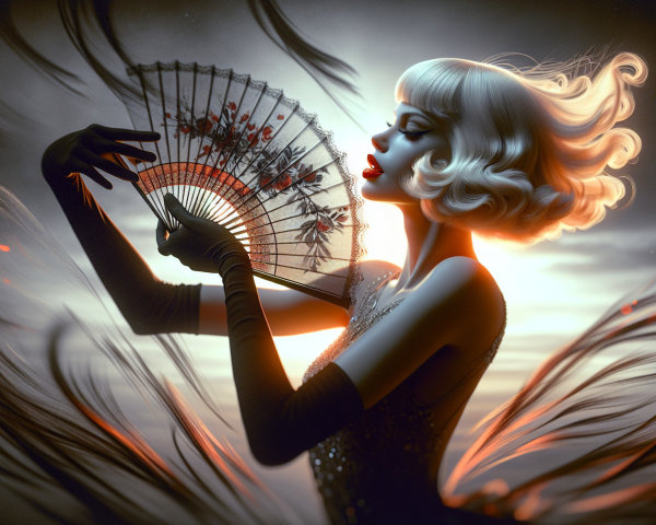 Glamorous Figure with Decorative Fan and Ethereal Elements