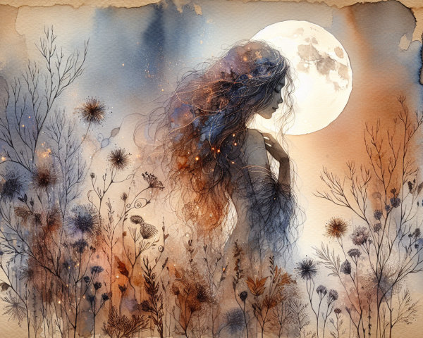 Watercolor Illustration of Woman Silhouette and Moon